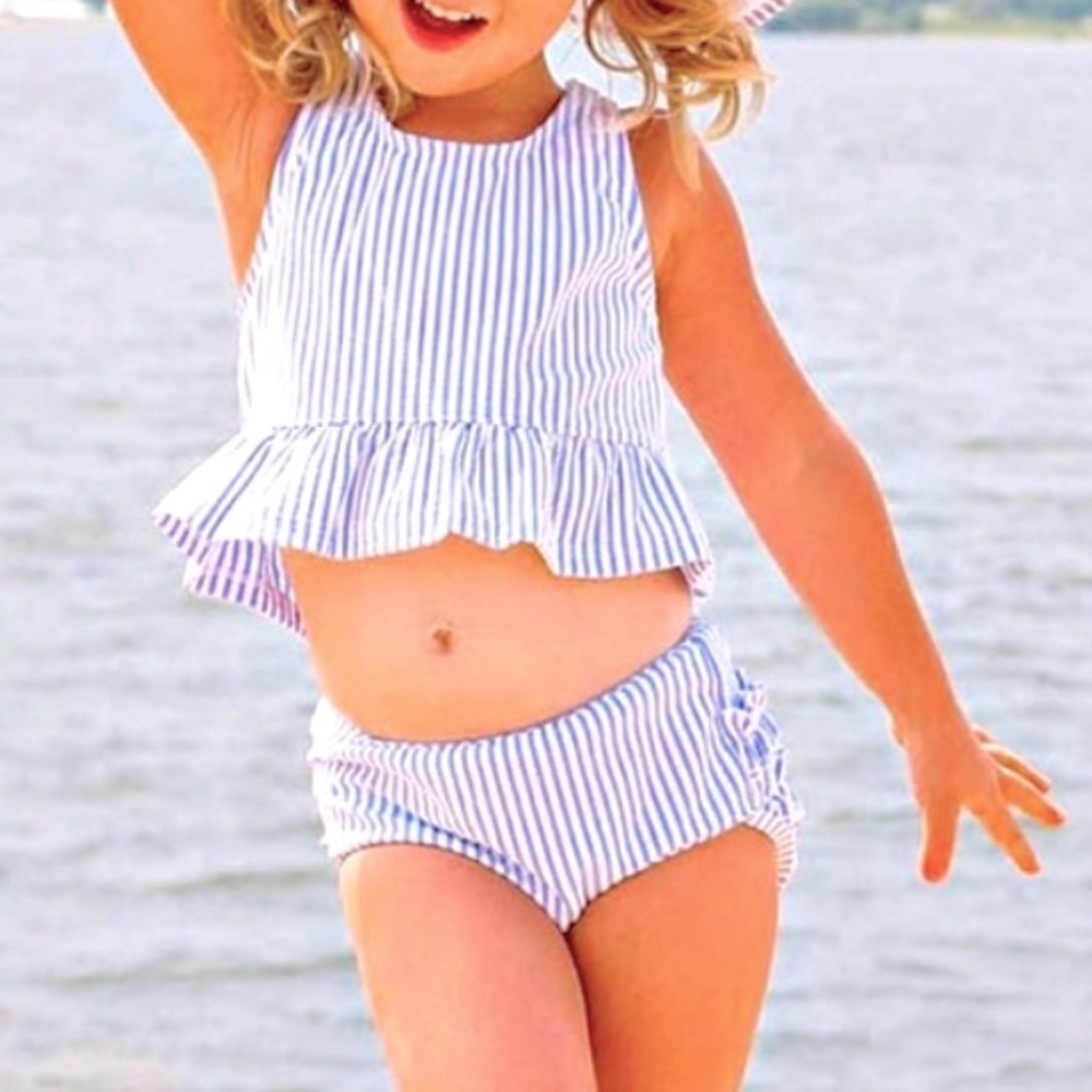 [Ruffle Butts] Periwinkle Blue Seersucker Peplum Two Piece Swimsuit